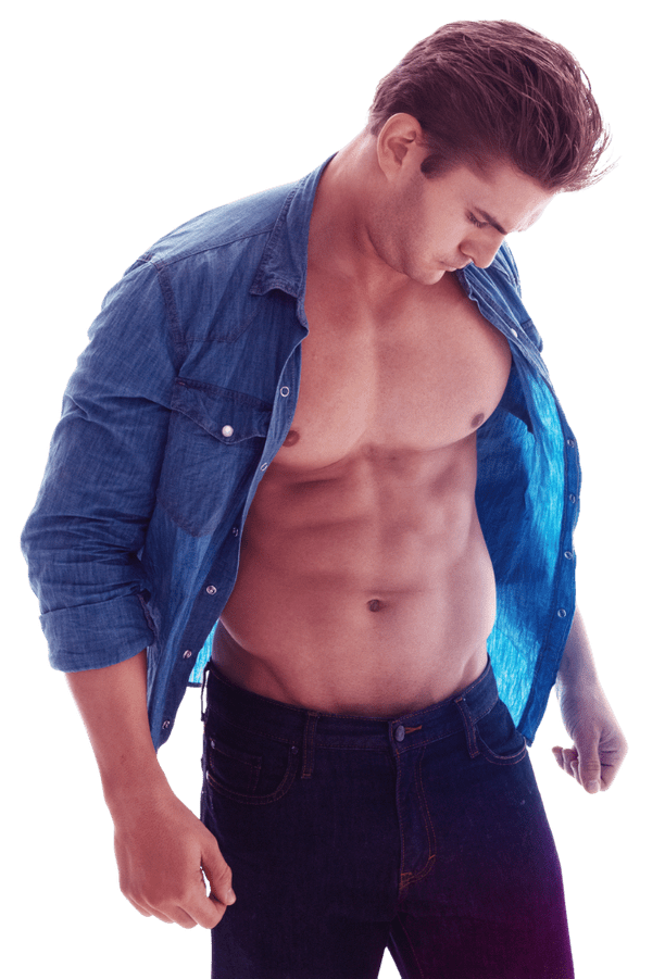 Man posed revealing torso, shirt open, impressive figure